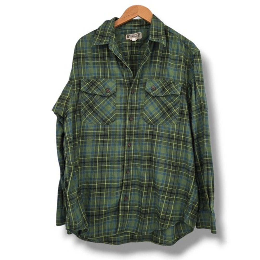 Duluth Trading Co Mens Large Green Plaid Button Down‎ Shirt Long Sleeve Workwear